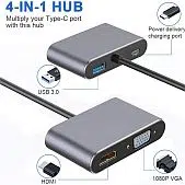 USB Type C To HDMI VGA USB 3.0 PD Adapter 4 in 1